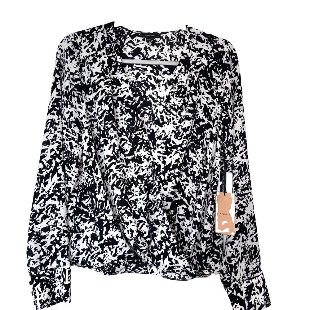 Halogen Womens M Blouse Long Sleeve Vneck Faux Wrap Black Geometric Abstract NEW